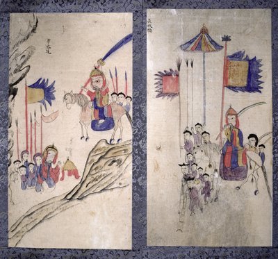 Et panel fra en ottefoldig skærm, der skildrer en historie om de tre riger (naturlige pigmenter på papir) af School Korean