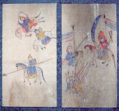 Et panel fra en ottefoldig skærm, der skildrer en historie om de tre riger (naturlige pigmenter på papir) af School Korean