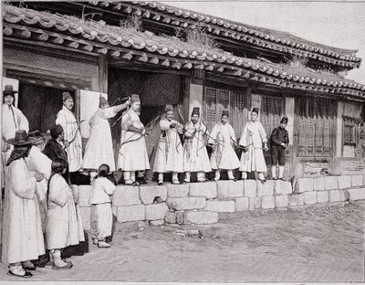 Bueskytter i det gamle palads i Seoul, Korea, slutningen af det 19. århundrede af School Korean