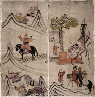 To paneler af et ottefoldigt lærred, der forestiller "En historie om tre kongeriger" (naturlige pigmenter på papir) af School Korean