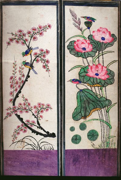 To paneler af en ottefoldig skærm, der viser fugle og blomster (naturlige pigmenter på papir) af School Korean