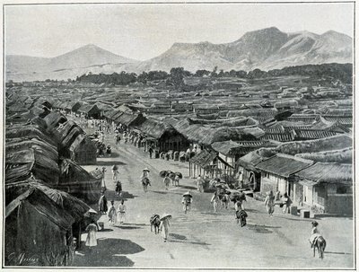 Udsigt over hovedgaden i Seoul, hovedstaden i Korea i det 19. århundrede af School Korean