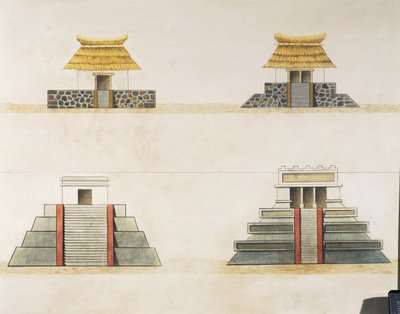 Historisk rekonstruktion af bygninger i Tenochtitlan (farve litho) af School Mexican