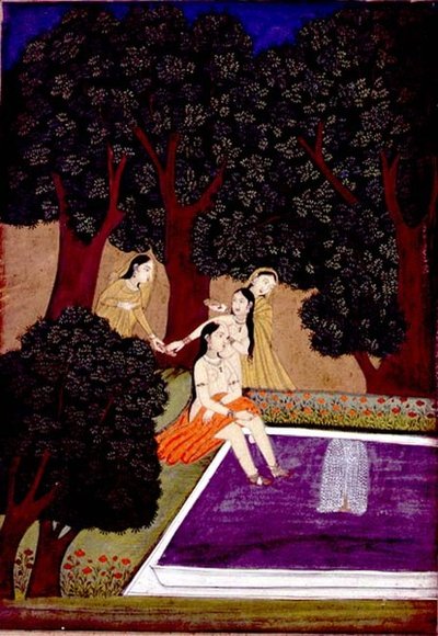 En dame ved en pool, Johnson Album IX, nr. 16, ca. 1780 (gouache med guld på papir) af School Mughal