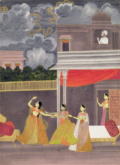 En dame hentet ind fra en storm om natten: illustration fra den musikalske mode Madhu Madhavi, ca. 1760 (gouache på papir) af School Mughal