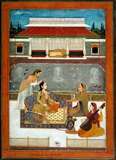 En indisk prinsesse har sit miniaturetoilet fra Mughole School of 1740. af School Mughal