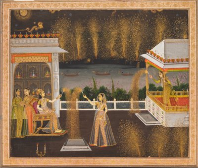Ladies Celebrating Diwali, ca. 1760 (uigennemsigtig akvarel og guld på papir) af School Mughal