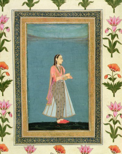 Dame, der holder en vinkolbe og en kop, fra Large Clive Album (akvarel på papir) af School Mughal