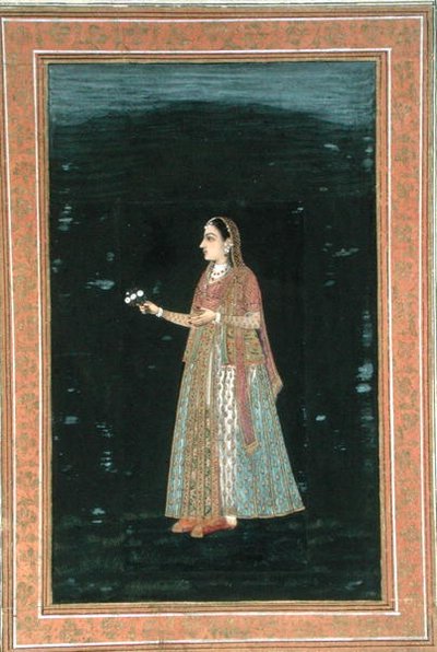 Dame med blomster, fra Small Clive Album (ugennemsigtig akvarel på papir) af School Mughal