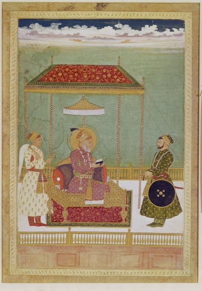 Portræt af Shah Aurangzeb med en mand, muligvis Ashraf Khan, begyndelsen af det 18. århundrede (ugennemsigtig akvarel, blæk og guld på papir) af School Mughal