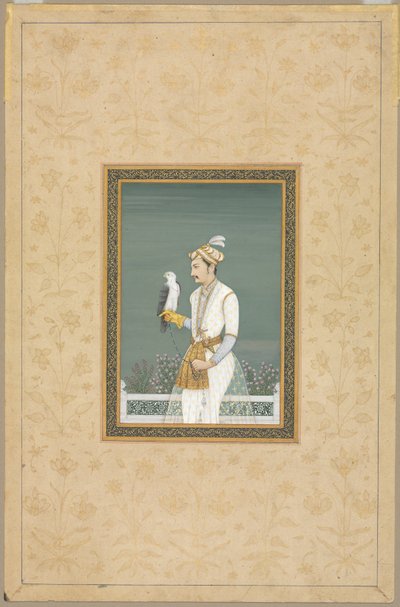 Portræt af en prins med en høg af School Mughal