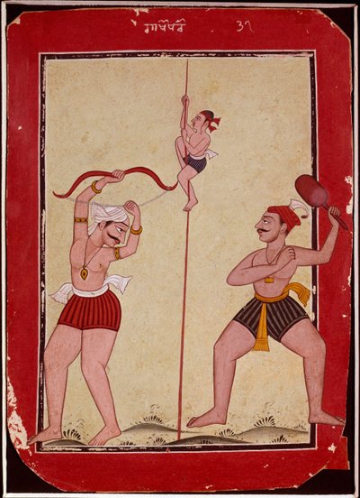 Tre atleter under træning (reb, bueskydning og sneskospil) (miniature af School Mughal
