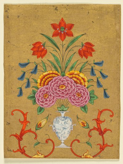 Vase med blomsterarrangement og rulleværk, ca. 1750-1800 (uigennemsigtig akvarel med guld på papir) af School Mughal