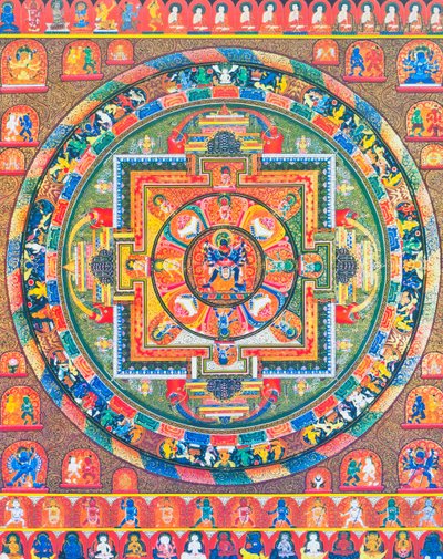 Chakrasambhara Mandala, der skildrer hovedguden Sambhara, der omfavner sin ægtefælle Vajrabarahi, der symboliserer foreningen af visdom og praksis for at opnå den højeste lyksalighed (gouache på klæde) af School Nepalese