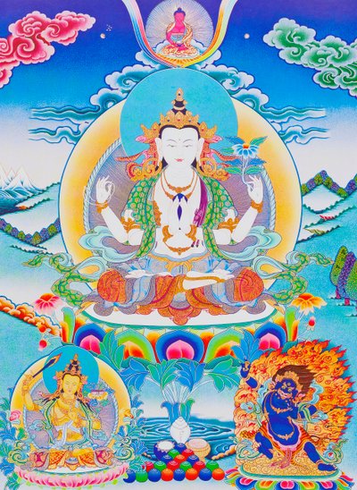 Billede der viser Chenresi, herren over de seks stavelser "Om Mani Padme Hum" (gouache på stof) af School Nepalese