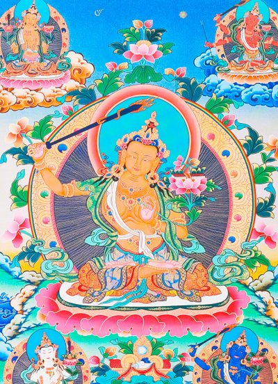 Billede der viser Manjushree, den legendariske skaber af Kathmandu-dalen (gouache på stof) af School Nepalese