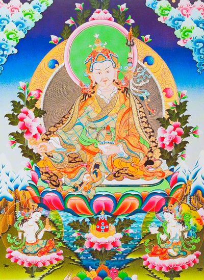 Billede der viser Padmasambhava eller guruen Rimpoche, den guddommelige apostel for tibetansk tantricisme, som siges at have fået kontrol over dæmoner og ånder (gouache på klæde) af School Nepalese