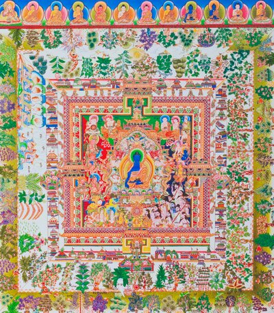 Medicin Buddha Mandala, midterfiguren af Bhaisajyaguru repræsenterer den øverste healer i klosterklæder med en skål indeholdende lægeplanter (gouache på stof) af School Nepalese