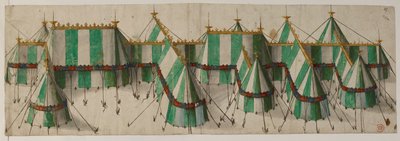 Bomuld Augustus III, f.19 Design til en kongelig pavillon i Tudor-farverne hvid og grøn, der siges at være til Henrik VIII på Guldklædets felt af School Netherlandish