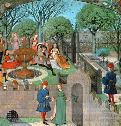 Harl 4425 f.12v Havescene, elskeren og damen Oyseuse (Lediggang) uden for havens mure, fra 