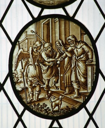 Roundel: Tobias tager afsted med englen, sandsynligvis 1800-tallet (farvet glas) af School Netherlandish
