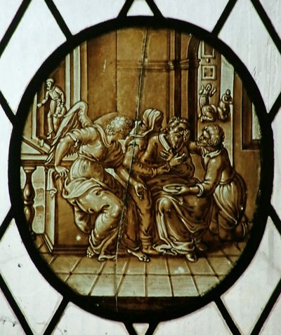 Roundel: Tobias helbredt for sin blindhed, sandsynligvis 1800-tallet (farvet glas) af School Netherlandish