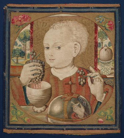 The Infant Christ Pressing the Wine of the Eucharist, ca.1500 (linnedkæde, uld, silke og forgyldt skudgarn) af School Netherlandish