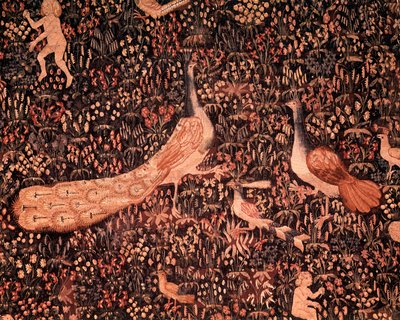 Gardinet af Seigneuriale Life: detalje, der viser fugle, påfugl. Uld og silketæppe lavet omkring 1520 i Holland. Søn 2,6x3,7 m Paris, middelalderens nationalmuseum, Thermes de Cluny af School Netherlandish