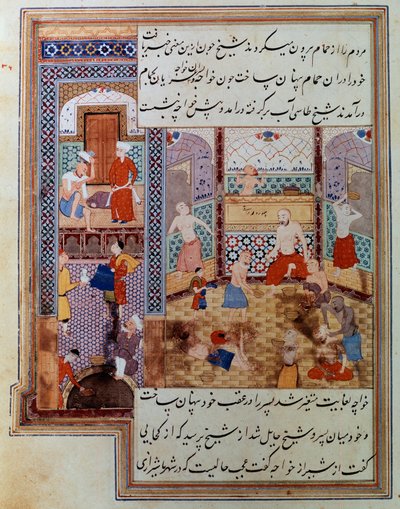 Gruppe af mænd i en hammam persisk miniature fra manuskript 2743, Paris, B.N. af School Persian