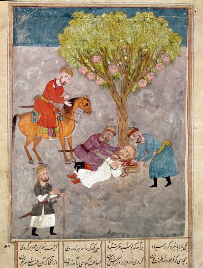 Islamisk kunst: Fjender er halshuggede. Persisk miniature fra et manuskript af det episke digt "Shahnameh"" (Shah Nama, Shahnama) (Kongenes Bog) af Ferdowsi (Firdawsi eller Ferdawsi eller Firdousi, ca. 940-omkring 1020) Biblioteca Nazionale Naples af School Persian