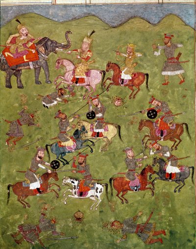 Islamisk kunst: kampscene. Persisk miniature fra et manuskript af det episke digt "Shahnameh"" (Shah Nama, Shahnama) (Kongenes Bog) af Ferdowsi (Firdawsi eller Ferdawsi eller Firdousi, ca. 940-omkring 1020) Biblioteca Nazionale Naples af School Persian