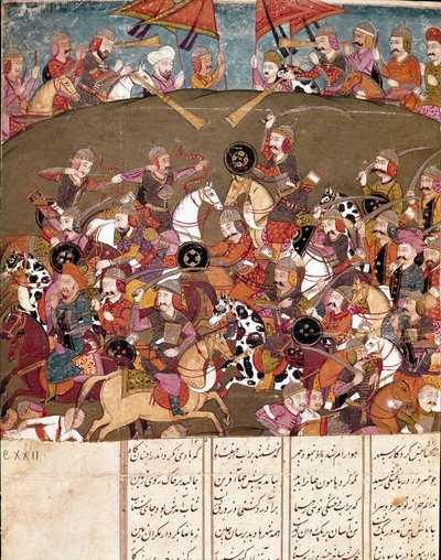 Islamisk kunst: kampscene. Persisk miniature fra et manuskript af det episke digt "Shahnameh"" (Shah Nama, Shahnama) (Kongenes Bog) af Ferdowsi (Firdawsi, eller Ferdawsi, eller Firdousi, ca. 940-omkring 1020) Biblioteca Nazionale Naples af School Persian