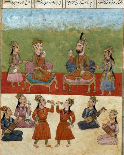 Islamisk kunst: koncert og underholdning i et harem. Persisk miniature fra et manuskript af det episke digt "Shahnameh"" (Shah Nama, Shahnama) (Kongenes Bog) af Ferdowsi (Firdawsi eller Ferdawsi eller Firdousi, ca. 940-omkring 1020) Biblioteca Nazionale Na af School Persian