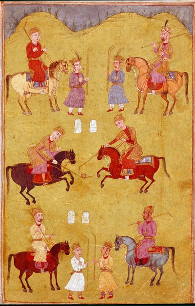 Islamisk kunst: polodelen. Persisk miniature fra et manuskript af det episke digt "Shahnameh"" (Shah Nama, Shahnama) (Kongenes Bog) af Ferdowsi (Firdawsi, eller Ferdawsi, eller Firdousi, ca. 940-omkring 1020) Biblioteca Nazionale Naples af School Persian