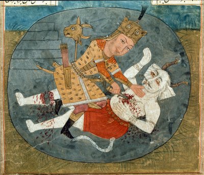 Rostam, Zals søn, dræber den hvide dæmon fra Mazandaran, miniature fra et manuskript af det episke digt Shahnama (Shahnameh) af Firdawsi (gouache på papir) af School Persian
