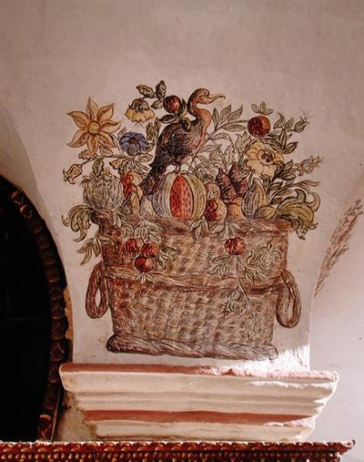 Kurv med blomster fra Patio de las Naranjas (vægmaleri) af School Peruvian