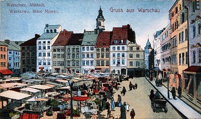 Postkort, der forestiller Old Town Market Place i Warszawa, ca. 1910 (farve litho) af School Polish