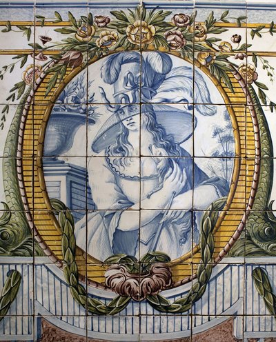 Ornamental panel med et portræt af en kvinde, Royal factory of Louca, en Ratio, fajance polykrom af School Portuguese