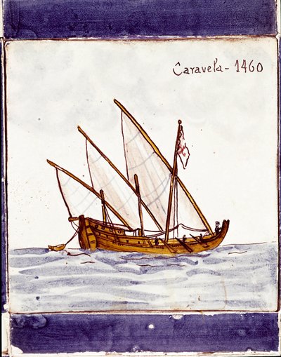Repræsentation af en karavel fra den portugisiske flåde (Tegning på keramik (azulejo) af School Portuguese