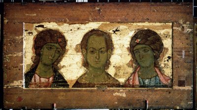 Kristus Emmanuel omgivet af ærkeenglene Michael og Gabriel (Kristus Emmanuel med ærkeenglene Michael og Gabriel). Russisk ikon, tempera på træ, slutningen af ​​det 12. århundrede. Kunst af Vladimir (Rusland). Statens Tretyakov-galleri, Moskva (Rusland). af School Russian
