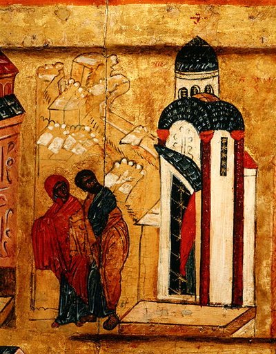 Ikon, der viser Joachim og Annas gaver, der bliver afvist på grund af deres barnløshed, ca. 1550 (tempera & bladguld på panel) (detalje af 314500) af School Russian