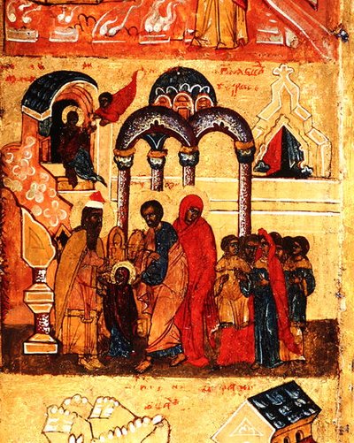 Ikon, der skildrer Jomfruens spæde barndom og hendes dedikation til Gud, ca. 1550 (tempera & bladguld på panel) (detalje af 314500) af School Russian