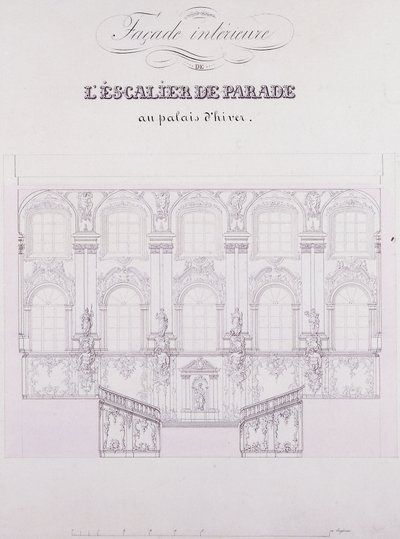 Indvendig facade af Parade Trappen ved Vinterpaladset; Indvendig facade af Parade-trappen ved Vinterpaladset, ca. 1838 (pen- og blæktegning på papir) af School Russian
