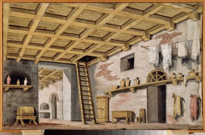 Køkkenet. Forberedende indretning til et skuespil. Værk af en russisk mester, ca. 1790, tempera på lærred. Russisk scenografisk kunst fra det 18. århundrede. Museumspaladset Ostankino, Moskva. af School Russian