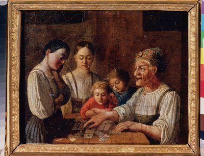 Spåkonen. (Gammel kvinde forudsiger fremtiden i kort). Maleri af en russisk mester, olie på pap, begyndelsen af ​​1800-tallet. Det russiske statsmuseum, Sankt Petersborg. af School Russian
