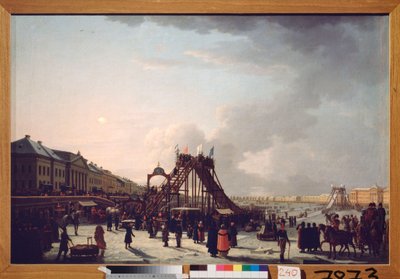 De otte store (rutschebanen) på Neva i Sankt Petersborg. (Efemere rutsjebane til vintersæsonen). Maleri af en russisk mester, olie på lærred af School Russian