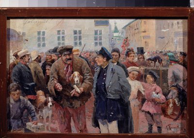 Dyremarkedet på Trubnaya-pladsen i Moskva. (Mængden mellem bure og kæledyrsleverandører). Værk af en russisk mester, olie på lærred, anden halvdel af 1800-tallet. Statens centrale litterære museum, Moskva. af School Russian