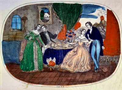 Mondanite: scene for måltider og forførelse mellem to par. Rusland. Stik omkring 1850. Privat Samling af School Russian
