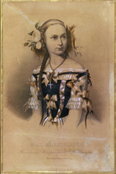 Portræt af den russiske ballerina Elena Andreyanova (Andrianova) (1819-1857). (Balletdanserinde Elena Andreyanova). Farvelitografi af en russisk kunstner af School Russian