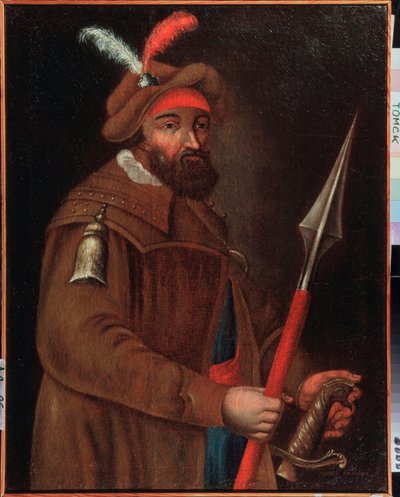 Portræt af kosaklederen Yermak Timofeyevich (født mellem 1532 og 1542-1585), Sibiriens erobrer. Anonymt maleri, olie på lærred, begyndelsen af ​​1700-tallet. Statens Kunstmuseum, Tomsk (Rusland). af School Russian